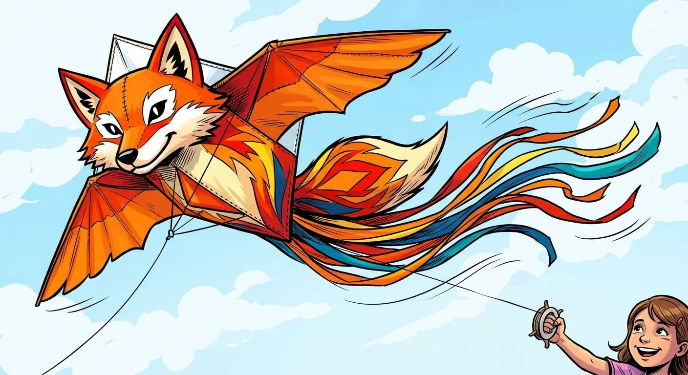 Generated comic-book identity reference for the sky-fox kite: an orange and cream fox-shaped kite with a fanned paper wing, pointed ears and long rainbow tail streamers, drawn against a plain white background.