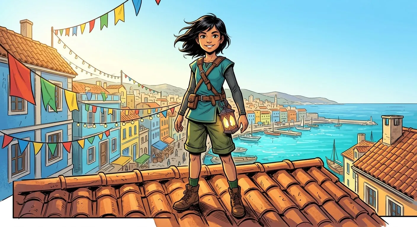 Generated comic-book identity reference for Nia: a twelve-year-old girl with dark hair in a teal tunic, green shorts, boots and a leather chest harness, holding a small lantern, standing on a tiled rooftop under festival bunting with a bright seaside city and harbour behind her.